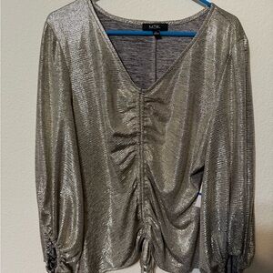 MSK Metallic Silver Shimmer Ruched Blouse Peasant Size XL NWT
